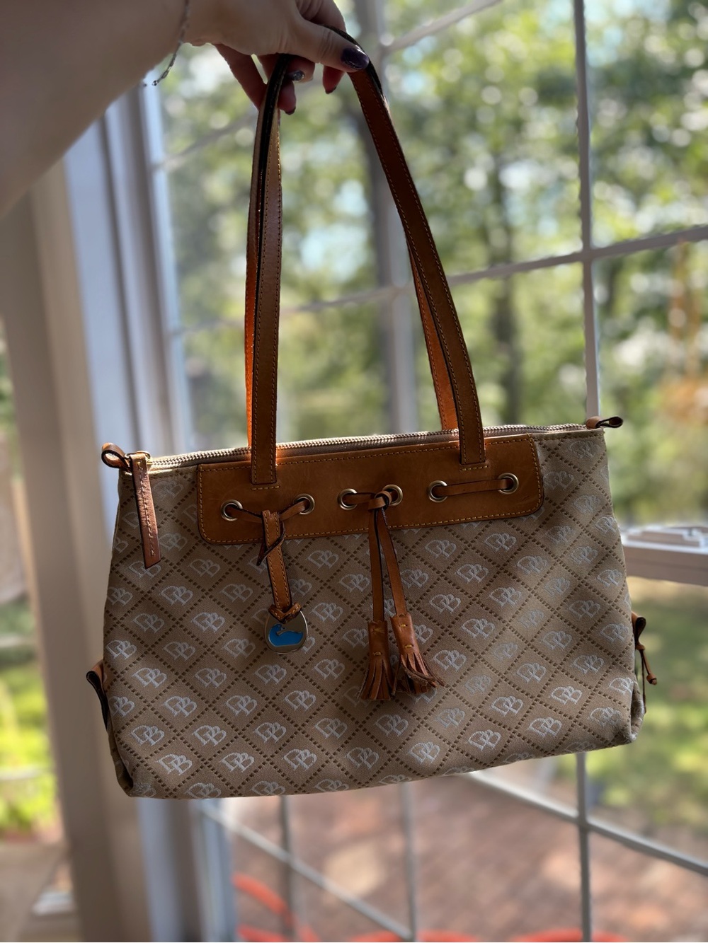 Dooney & Bourke Beige Monogram Shoulder Bag with Tan Leather Trim